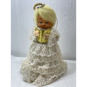Vintage Angel Christmas Paper Cone Tree Topper Rubber Face 1960's 8” tall